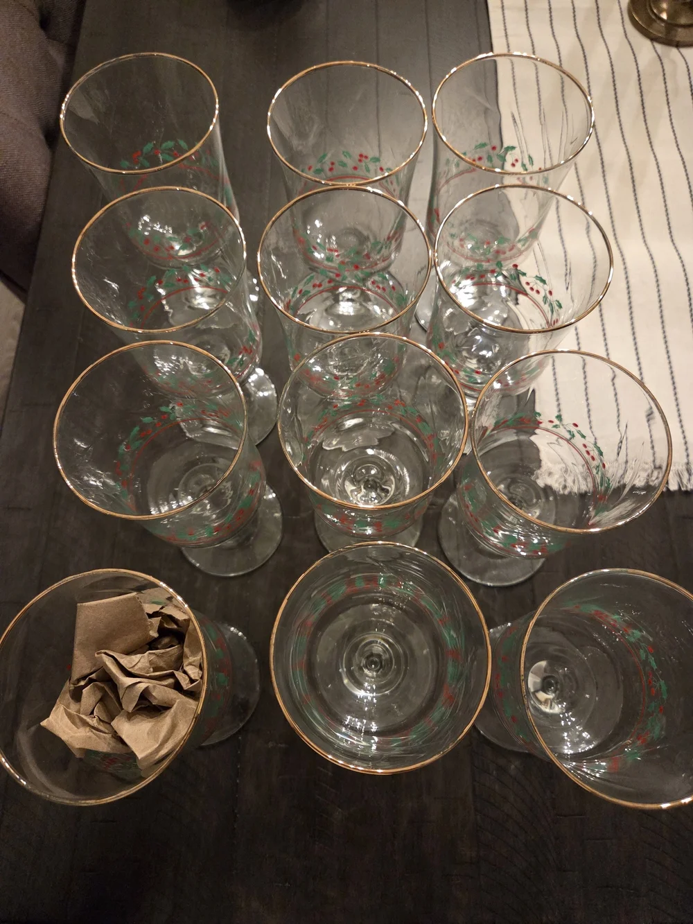 1987 Vintage Holiday Holly Stemmed Glass - Clear with Green & Red And Gold Rim